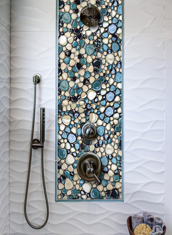 Primoon Interlocking Pebble Tiles 5 Sheets, Aqua Teal Blue Mosaic Tiles Mesh Mounted, Decorative Flat Pebbles for Kitchen Bath Backsplash Shower Floor - Image 4