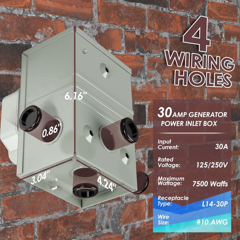 CircleCord 4 Prong 30 Feet 30 Amp Generator Extension Cord and Inlet Box with Locking Connector, Heavy Duty NEMA L14-30P/L14-30R, 125/250V 7500W 10 Gauge SJTW Generator to House Power Cord - Image 4