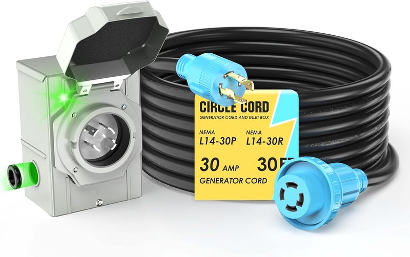 CircleCord 4 Prong 30 Feet 30 Amp Generator Extension Cord and Inlet Box with Locking Connector, Heavy Duty NEMA L14-30P/L14-30R, 125/250V 7500W 10 Gauge SJTW Generator to House Power Cord - Image 1
