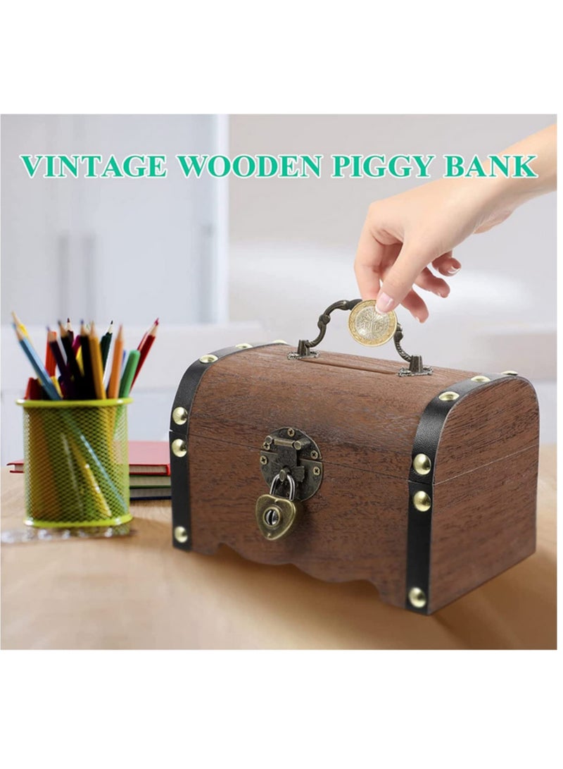 1PCS Vntage Wooden Treasure Chest with Lock - Decorative Piggy Bank, Jewelry Storage Box, and Home Decor Gift Idea 14.5X10X10CM - Image 3