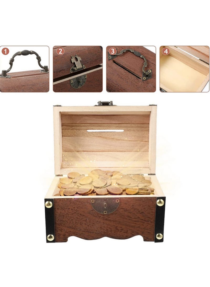 1PCS Vntage Wooden Treasure Chest with Lock - Decorative Piggy Bank, Jewelry Storage Box, and Home Decor Gift Idea 14.5X10X10CM - Image 4