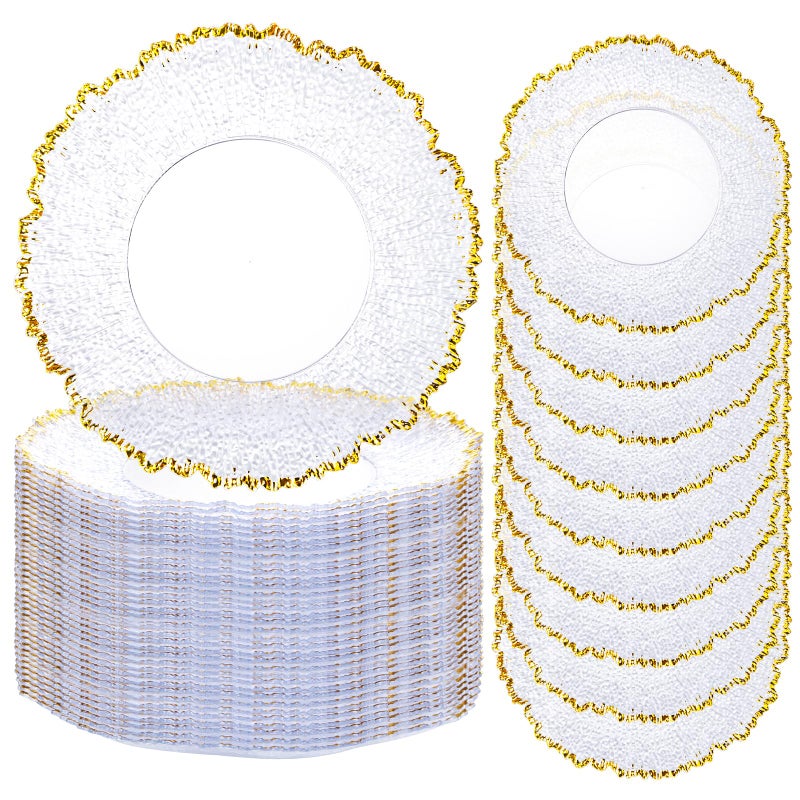 ejonirinjonir 20pcs Clear and Gold Charger Plates Bulk 13inch Plastic Chargers for Dinner Plate Disposable Charger Plates Table Chargers for Wedding,Afternoon Tea,Spring,Mother's Day,Valentine's Day,Easter,Business - Image 1