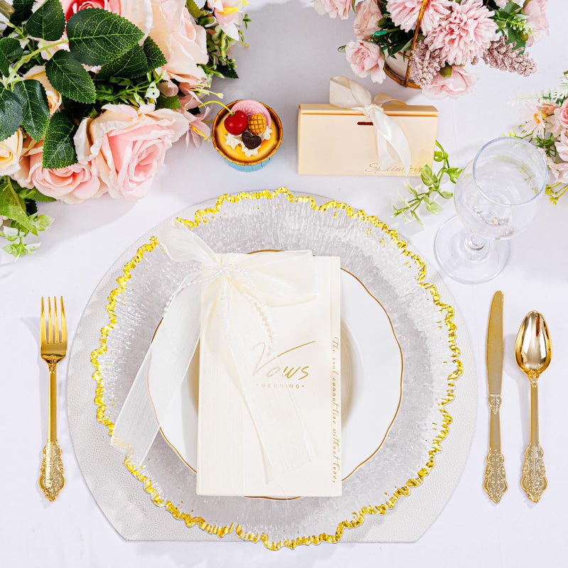 ejonirinjonir 20pcs Clear and Gold Charger Plates Bulk 13inch Plastic Chargers for Dinner Plate Disposable Charger Plates Table Chargers for Wedding,Afternoon Tea,Spring,Mother's Day,Valentine's Day,Easter,Business - Image 2