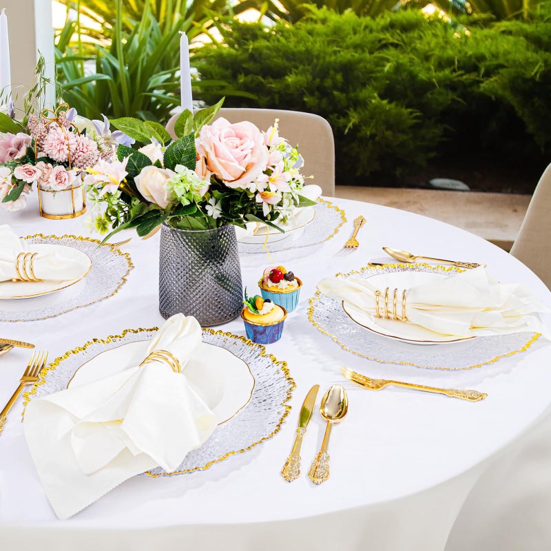 ejonirinjonir 20pcs Clear and Gold Charger Plates Bulk 13inch Plastic Chargers for Dinner Plate Disposable Charger Plates Table Chargers for Wedding,Afternoon Tea,Spring,Mother's Day,Valentine's Day,Easter,Business - Image 3