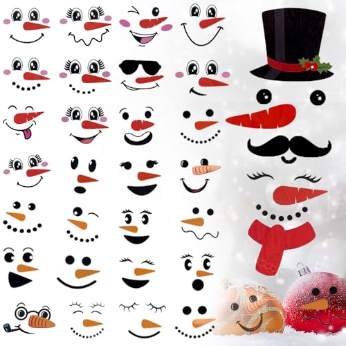 GlyinnHe 60pcs Christmas Snowman Faces Stickers, Cute Snowman Face Decals Christmas Vinyl Glass Window Sticker for Xmas Art Wall Decor Fridge Wall Door Party Supplies Home Decoration - Image 1