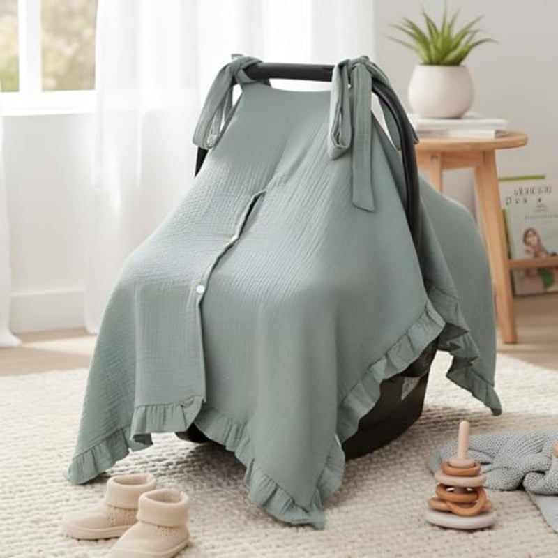 Muslin Baby Car Seat Cover Soft Carseat Cover Universal Fit Stroller Canopy Breathable Infant Car Seat Canopy for Sun Bug and Comfort Protection for Boys and Girls - Image 1