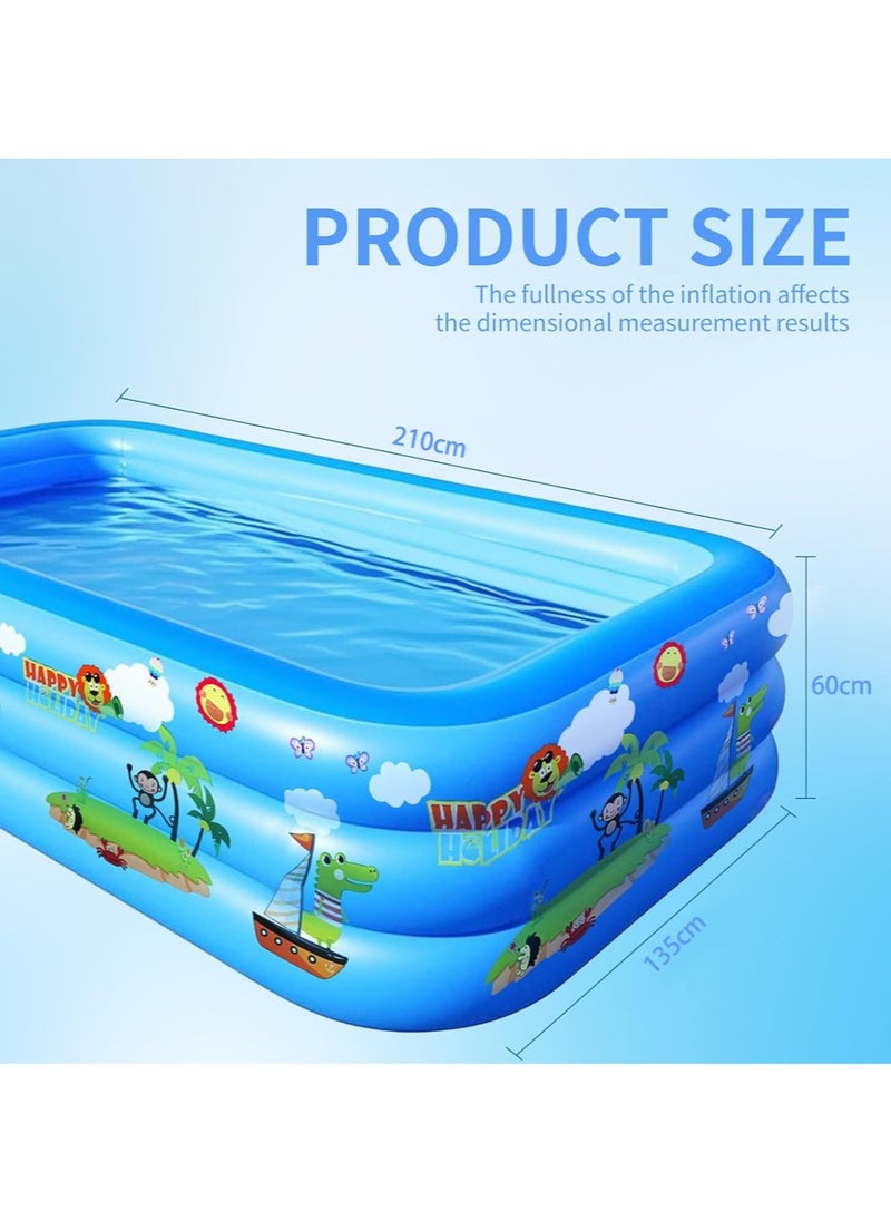 210×135×60CM three-layer thickened inflatable swimming pool | cartoon printed baby swimming bucket | children playing in the water + adults bathing | foldable and portable super large family swimming pool | indoor and outdoor safety and non-slip