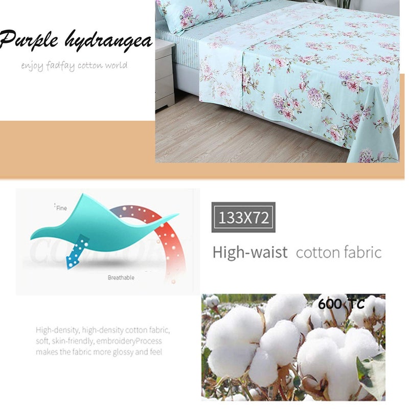 FADFAY Girls Floral Sheet Twin Premium 100% Cotton Blue Floral Rose and Hydrangea Print Bed Sheet Set Bed Sheets 4 Piece? 1Flat Sheet & 1 Fitted Sheet & 2 Pillowcase - Image 4