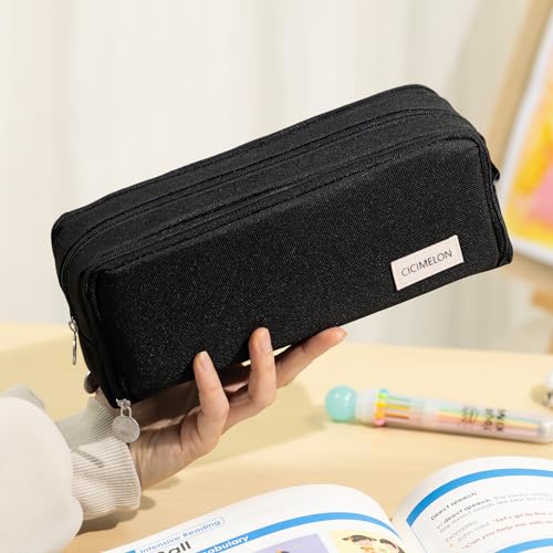 CICIMELON Large Capacity Pencil Case 3 Compartment Pouch Pen Bag for School Teen Girl Boy Men Women (Black) - Image 2