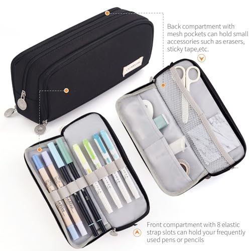 CICIMELON Large Capacity Pencil Case 3 Compartment Pouch Pen Bag for School Teen Girl Boy Men Women (Black) - Image 5