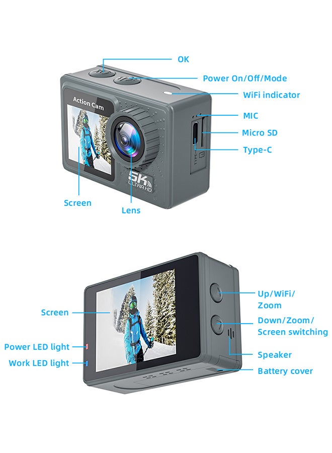 Sango 5K 30FPS 24MP Action Camera, Dual Touch Screen WiFi Remote Control Sport Video Recorder, Water Proof WiFi Remote Sports Cam, 170 Wide Angle Dual Screen Vlog Camera, Camcorder EIS with Remote Control, Underwater 30 FT, with 128G Card - Image 4