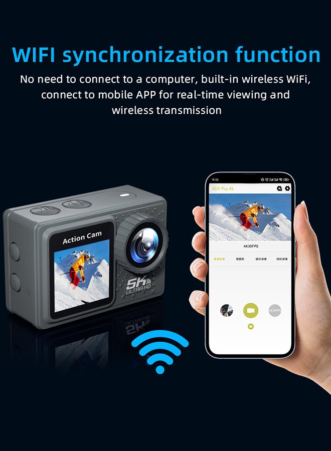 Sango 5K 30FPS 24MP Action Camera, Dual Touch Screen WiFi Remote Control Sport Video Recorder, Water Proof WiFi Remote Sports Cam, 170 Wide Angle Dual Screen Vlog Camera, Camcorder EIS with Remote Control, Underwater 30 FT, with 128G Card - Image 5