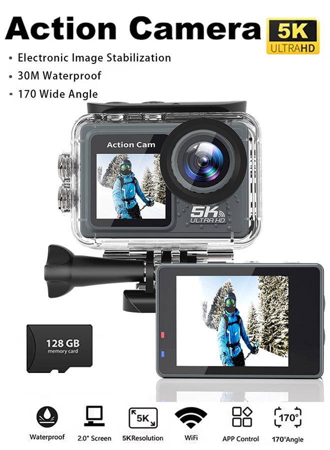Sango 5K 30FPS 24MP Action Camera, Dual Touch Screen WiFi Remote Control Sport Video Recorder, Water Proof WiFi Remote Sports Cam, 170 Wide Angle Dual Screen Vlog Camera, Camcorder EIS with Remote Control, Underwater 30 FT, with 128G Card - Image 1