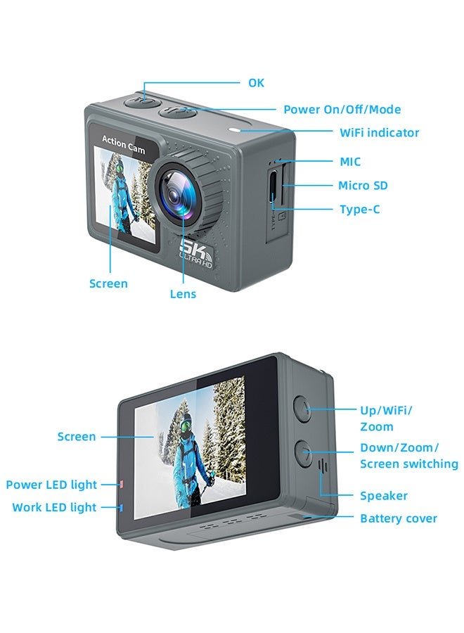 Sango 5K 30FPS 24MP Action Camera, Dual Touch Screen WiFi Remote Control Sport Video Recorder, Water Proof WiFi Remote Sports Cam, 170 Wide Angle Dual Screen Vlog Camera, Camcorder EIS with Remote Control, Underwater 30 FT, with 128G Card - Image 5