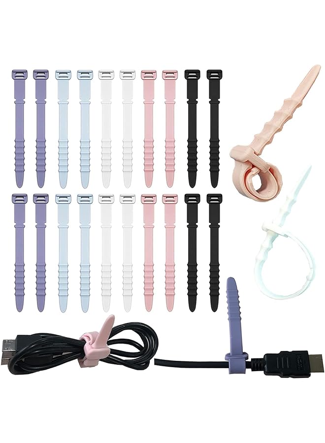 PROMASS Cable Ties, Silicone Zip Ties, Reusable Zip Ties, Rubber Cable Ties Straps, for Wire Management, Elastic Cable Organizer, for Home Office Table Desk. 4.5”, 20pcs (White, Black, Pink, Purple, Blue) - Image 1