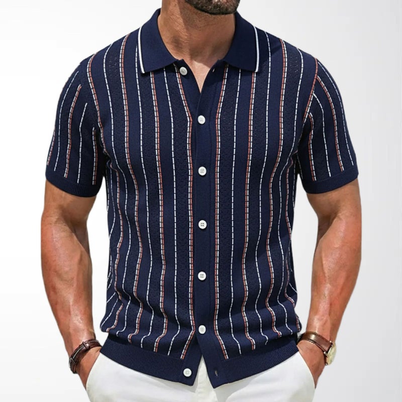 Men's Cardigan Knitwear Summer New Striped Short-Sleeved Knitted Polo Shirt