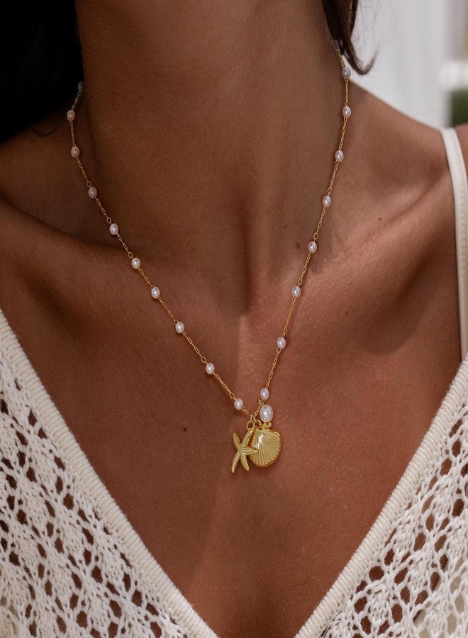 Ewrkbrㅤ Ewrkbr Gold Necklace for Women,14K Gold Plated Shell Starfish Beach Necklaces Cute Boho Pendant Necklace Fashion Summer Waterproof Pearl Jewelry for Women, Brass, No Gemstone - Image 2