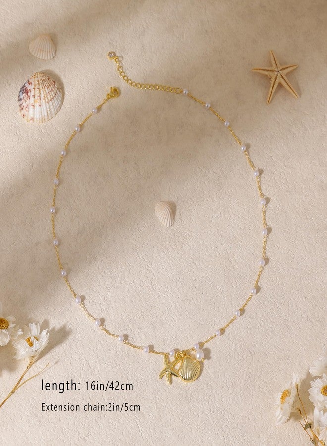 Ewrkbrㅤ Ewrkbr Gold Necklace for Women,14K Gold Plated Shell Starfish Beach Necklaces Cute Boho Pendant Necklace Fashion Summer Waterproof Pearl Jewelry for Women, Brass, No Gemstone - Image 4