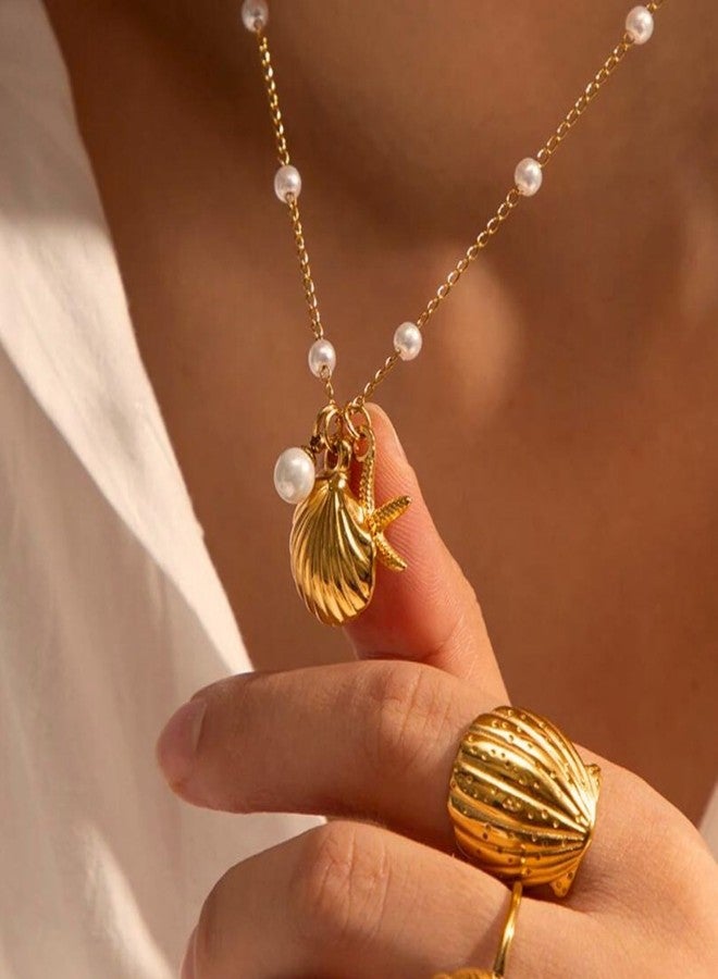 Ewrkbrㅤ Ewrkbr Gold Necklace for Women,14K Gold Plated Shell Starfish Beach Necklaces Cute Boho Pendant Necklace Fashion Summer Waterproof Pearl Jewelry for Women, Brass, No Gemstone - Image 3