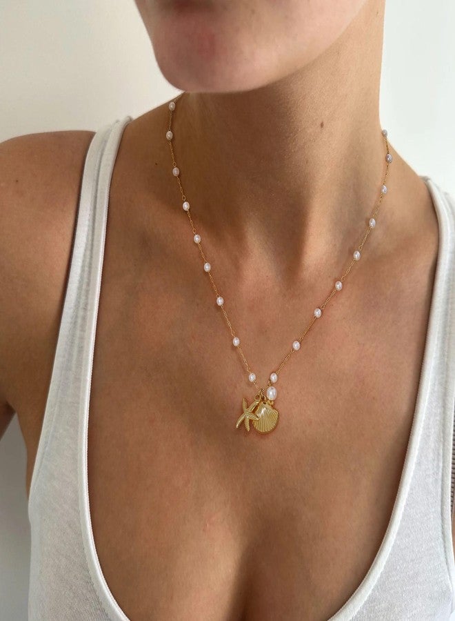 Ewrkbrㅤ Ewrkbr Gold Necklace for Women,14K Gold Plated Shell Starfish Beach Necklaces Cute Boho Pendant Necklace Fashion Summer Waterproof Pearl Jewelry for Women, Brass, No Gemstone - Image 5
