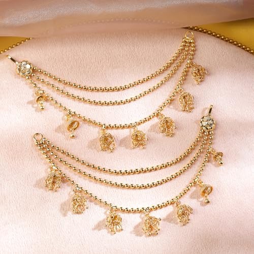 Rubans 22K Gold-Plated Triple Layer Ear Kan Chain with Ghungroo Jhumka Drops for Women & Girls – Perfect for Weddings & Traditional Looks - Image 4