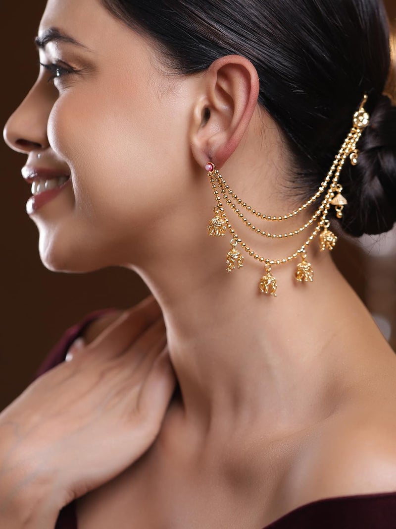 Rubans 22K Gold-Plated Triple Layer Ear Kan Chain with Ghungroo Jhumka Drops for Women & Girls – Perfect for Weddings & Traditional Looks - Image 2