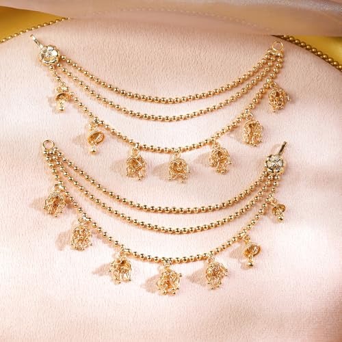 Rubans 22K Gold-Plated Triple Layer Ear Kan Chain with Ghungroo Jhumka Drops for Women & Girls – Perfect for Weddings & Traditional Looks - Image 3