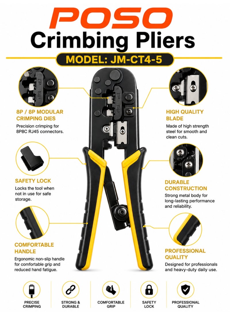 POSO JM-CT4-5 Professional Network Crimping Pliers – Heavy Duty RJ45 RJ11 Cable Crimper Tool - Image 3