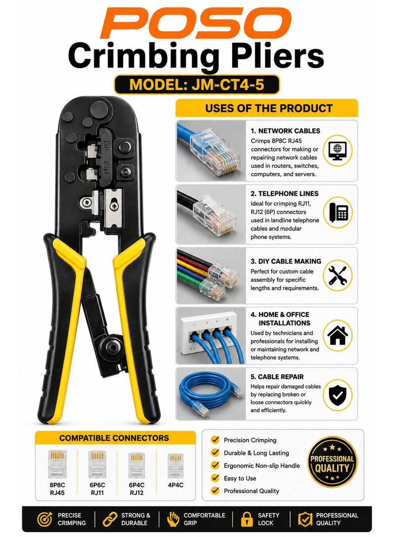 POSO JM-CT4-5 Professional Network Crimping Pliers – Heavy Duty RJ45 RJ11 Cable Crimper Tool - Image 2