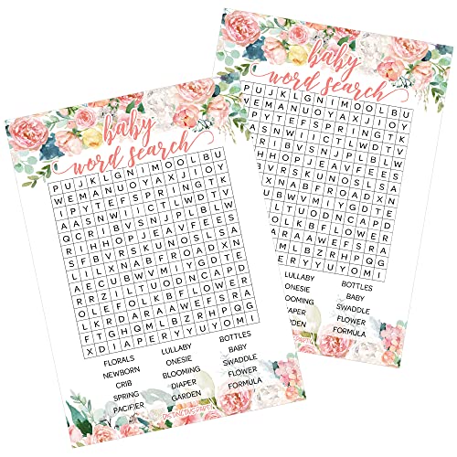 DISTINCTIVS Baby in Bloom Baby Shower Word Search Pink Floral Boho Girl Game Cards 20 Count - Image 1