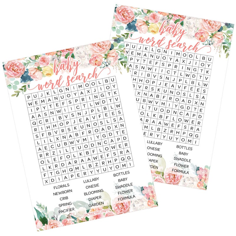 DISTINCTIVS Baby in Bloom Baby Shower Word Search Pink Floral Boho Girl Game Cards 20 Count - Image 2