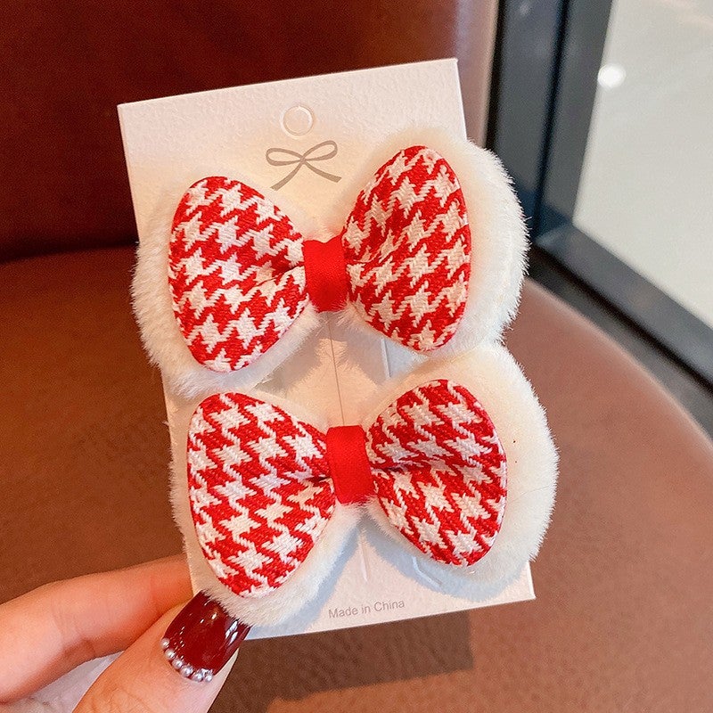 إسكدنيا Girls New Year cartoon bow plush sweet hair rope hair ring cute ball head rubber band hair rope hair accessories headdress FJ029-1# houndstooth bow hairpin 2 pack