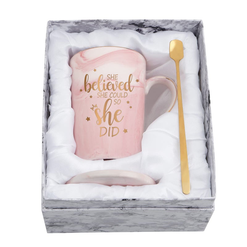 She believed She Could So She Did Mug Graduation Gift for Her Inspirational Spiritual Motivational Congratulations Gifts for Women Gift for Mothers Day Birthday Christmas 14 Oz Pink Marble Mug
