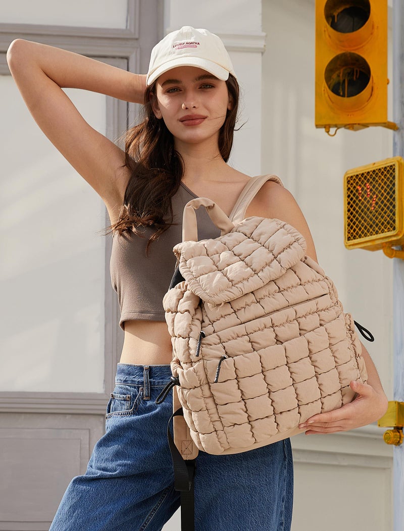 CLUCI Puffy Quilted Backpack for Women, Casual Lightweight Daypack for Women Travel (Khaki) - Image 2