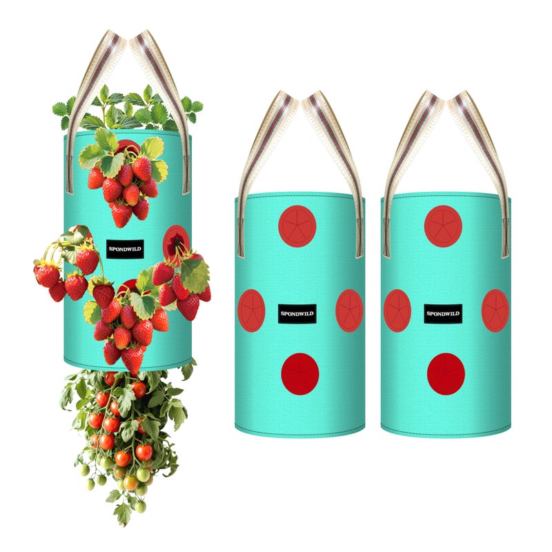 SPONDWILD 3 Pack 3 Gallon Hanging Strawberry Planter Bags, 12 Holes PE Grow Bags with Bottom Drainage, Reusable Vertical Planters for Small Space Gardening(Green) - Image 1