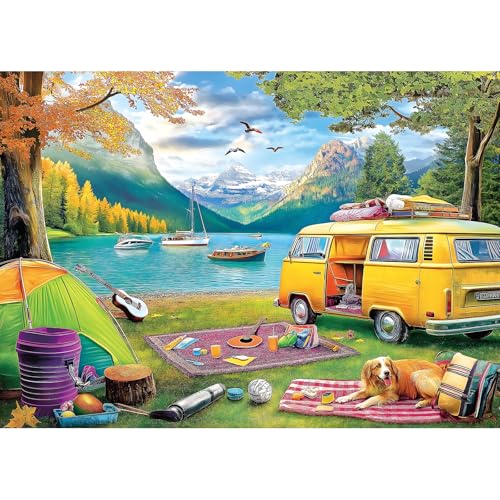 Blueforest 1000 Piece Jigsaw Puzzle Unique Camping Lake RV Scene 275x197 Inches Challenging Adult Puzzle for Relaxation Family Activity - Image 1