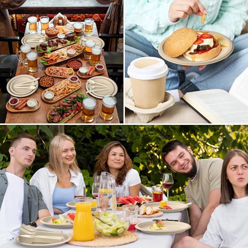 FEHHTO طقم أطباق ورقية قابلة للتحلل FEHHTO، 250 قطعة أطباق سكرية ثقيلة الاستخدام وأدوات مائدة صديقة للبيئة قابلة للتحلل، شوك وسكاكين وملاعق طويلة إضافية للحفلات - Image 3