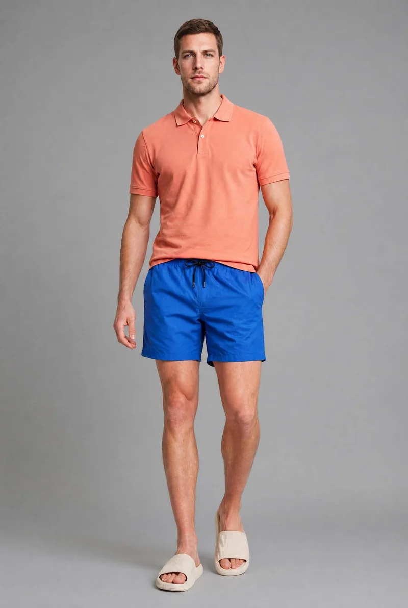 Elastic Draw Waist Blue Swim Shorts