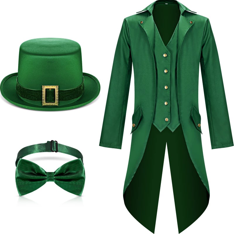Geyoga St Patrick's Day Outfit Leprechaun Costumes Halloween Green Steampunk Tailcoat with Leprechaun Hat Bow Tie(Small) - Image 1