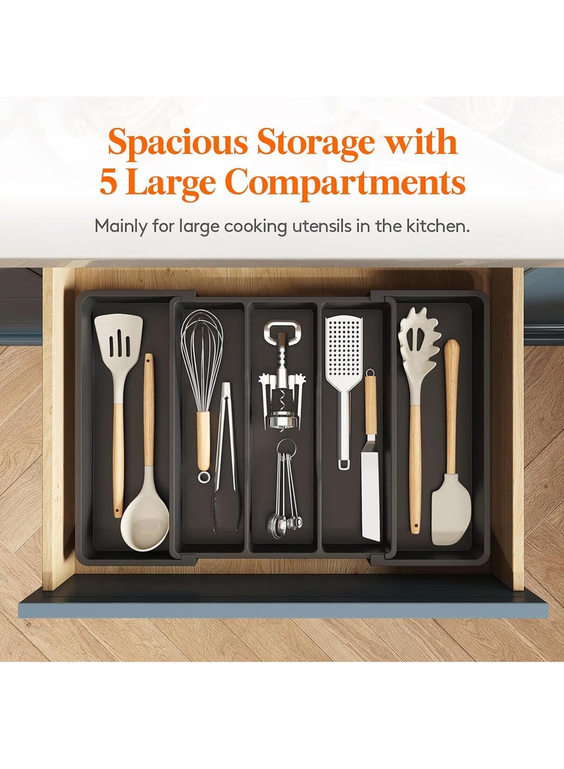 Uwals Utensil Organizer for Kitchen Drawers, Expandable Cooking Utensil Tray, Adjustable Cutlery Silverware Flatware Holder, Plastic Kitchen Spatula Tools and Gadgets Storage Divider, Large, Black - Image 3