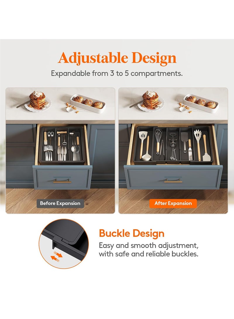 Uwals Utensil Organizer for Kitchen Drawers, Expandable Cooking Utensil Tray, Adjustable Cutlery Silverware Flatware Holder, Plastic Kitchen Spatula Tools and Gadgets Storage Divider, Large, Black - Image 4