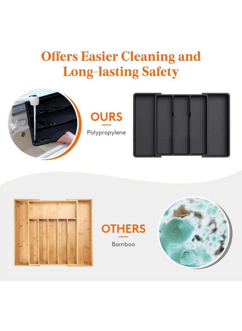 Uwals Utensil Organizer for Kitchen Drawers, Expandable Cooking Utensil Tray, Adjustable Cutlery Silverware Flatware Holder, Plastic Kitchen Spatula Tools and Gadgets Storage Divider, Large, Black - Image 5