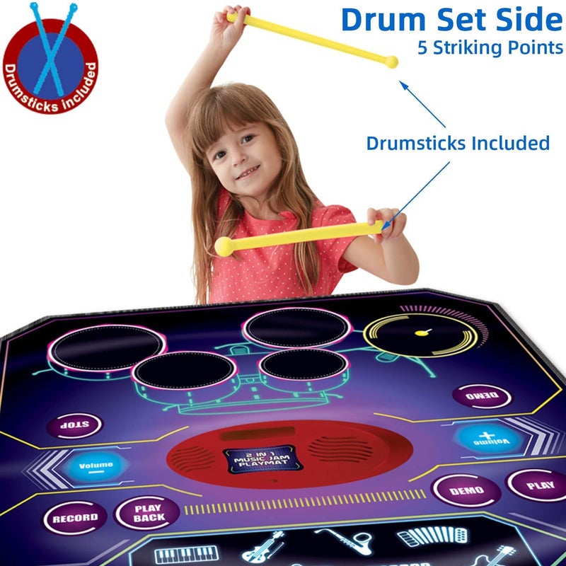 QShark 2 in 1 Kids Music Learning Toys for Boys Girls, Drum Set + Piano Mat | Record & Playback, Built-in Songs, 8 Instrument Sounds, 24 Keys, Christmas Birthday Gifts for Toddler 3 4 5 6 7 8 Years - Image 4