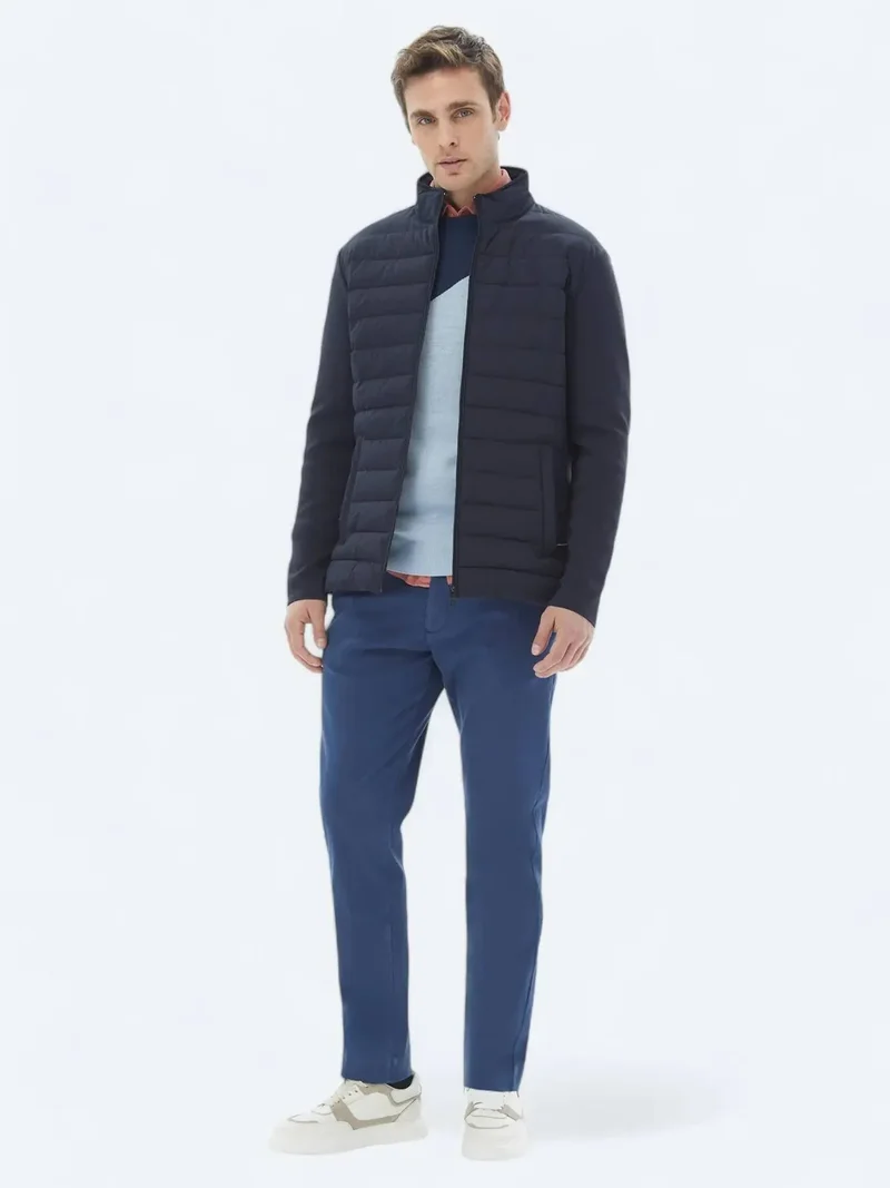 Kip Dark Blue Weaving Regular Fit Casual Cotton Blended Trousers