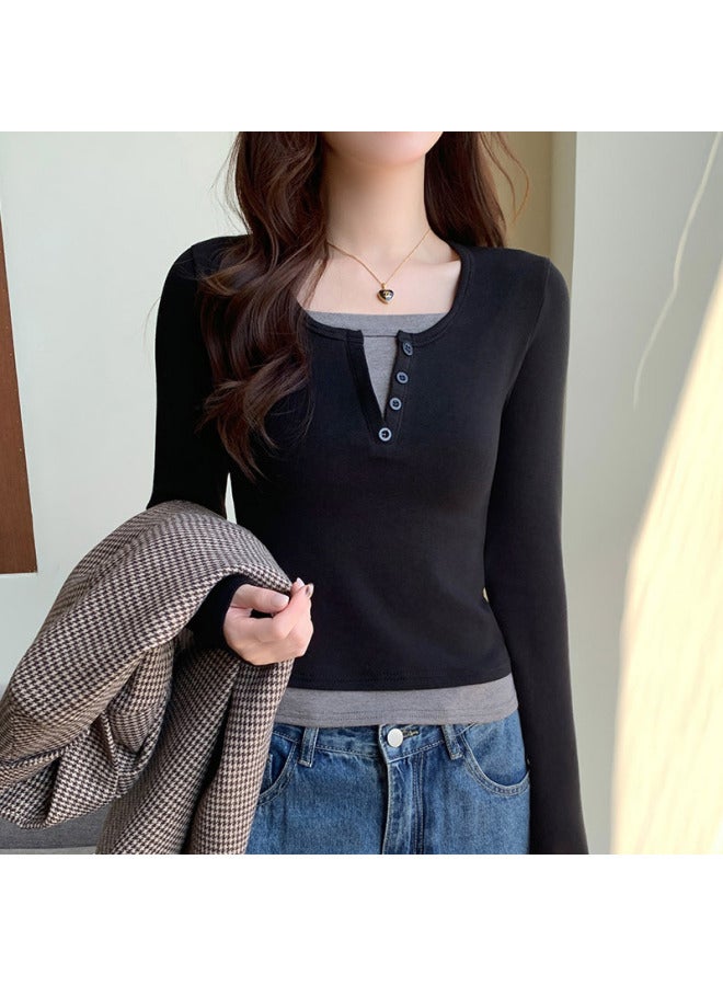 K2291 Button Contrast Color Fake Two-piece Long Sleeve T-shirt Women's Autumn And Winter New Design V-neck Short Top Bottoming Shirt