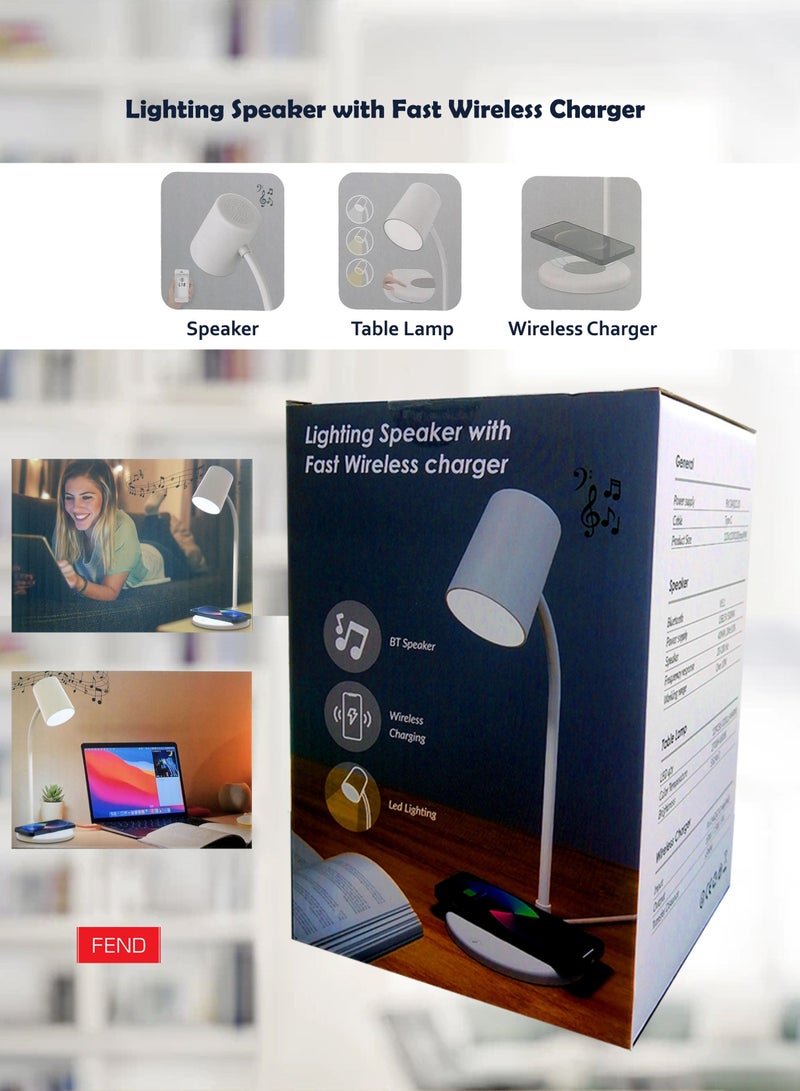مصباح طاولة 3 في 1 مع مكبر صوت وشاحن لاسلكي سهل لشحن هاتفك المحمول وسماعة الرأس Android و iOS - Image 5