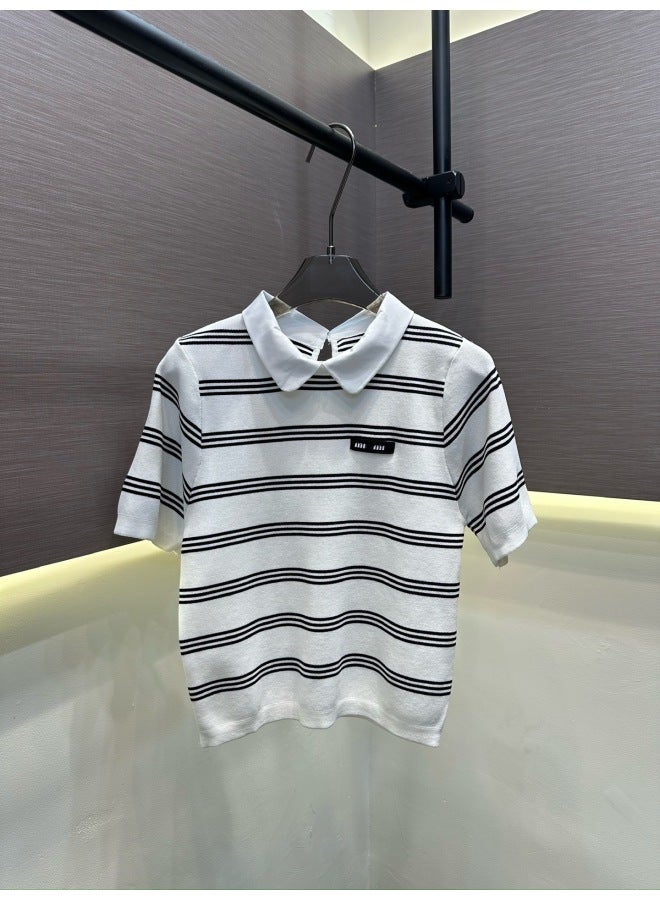 Miu Style "shenzhen Nanyou" Baby Collar Striped Polo Short Sleeve T-shirt In Wool Knit Fabric, Preppy Style