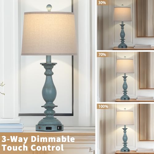 CINSARY 28" Tall Coastal Table Lamps for Living Room Set of 2, Farmhouse Rustic Blue Bedside Touch Lamp with USB C+A Ports & Outlet, 3-Way Dimmable Resin Nightstand Lamps for Bedroom Side End Table - Image 3