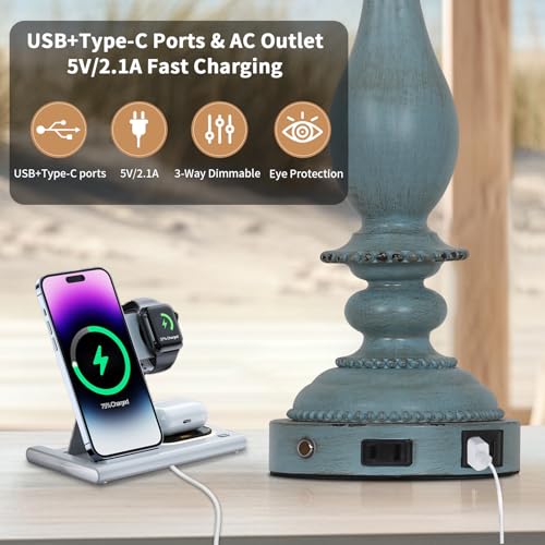 CINSARY 28" Tall Coastal Table Lamps for Living Room Set of 2, Farmhouse Rustic Blue Bedside Touch Lamp with USB C+A Ports & Outlet, 3-Way Dimmable Resin Nightstand Lamps for Bedroom Side End Table - Image 4