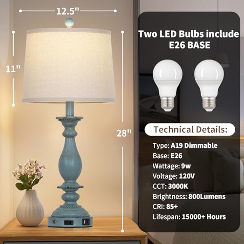 CINSARY 28" Tall Coastal Table Lamps for Living Room Set of 2, Farmhouse Rustic Blue Bedside Touch Lamp with USB C+A Ports & Outlet, 3-Way Dimmable Resin Nightstand Lamps for Bedroom Side End Table - Image 5
